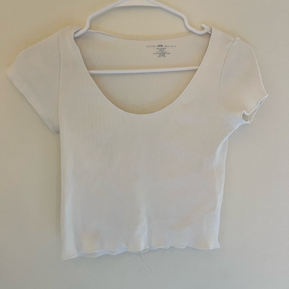 Brandy Melville Cream Ribbed White Scooped Short Sleeve Tee